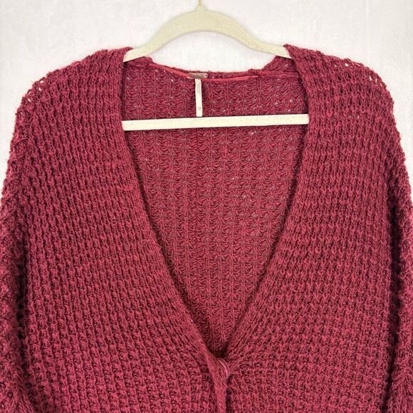 Free People Maroon Open Knit V Neck Boxy Fit Cardigan Oversized Sweater Women's - Picture 2 of 10